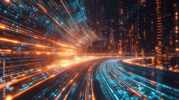 Fototapeta Quantum computing financial algorithms creating a pulsating data stream in a neon-lit virtual reality world