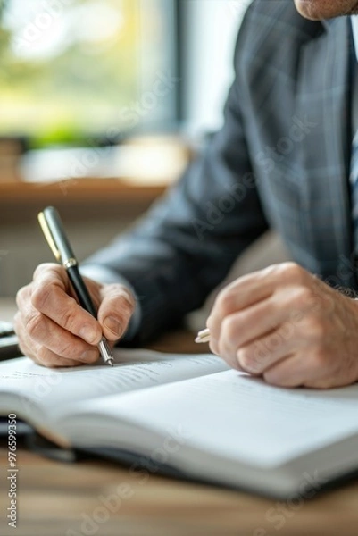 Fototapeta A man in a suit is signing