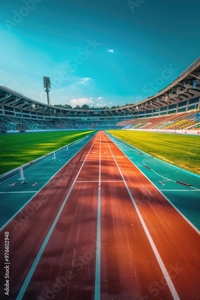 Fototapeta Panoramic view of the sports stadium and red running track
