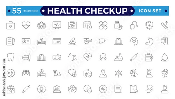 Fototapeta The health checkup line icon is set with health care, institution, patient, science, medical equipment, and general and emergency departments. Editable stroke outline icon. 