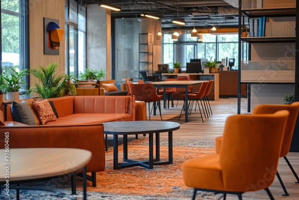 Fototapeta Co-working space with shared desks and a casual seating area
