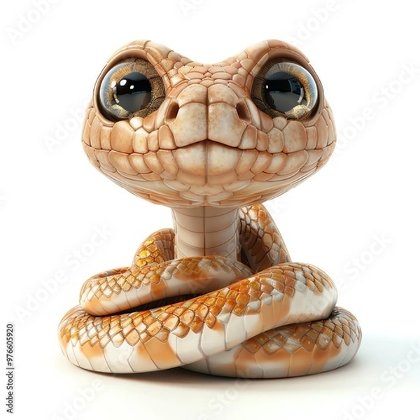 Fototapeta 3D illustration of a joyful snake with big eyes and a smile, isolate on white background, front view, gentle lighting, realistic scales and friendly expression