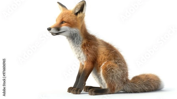 Fototapeta 3D illustration of an adorable fox cub sitting and smiling, isolate on white background, side view, natural lighting, realistic fur and playful expression