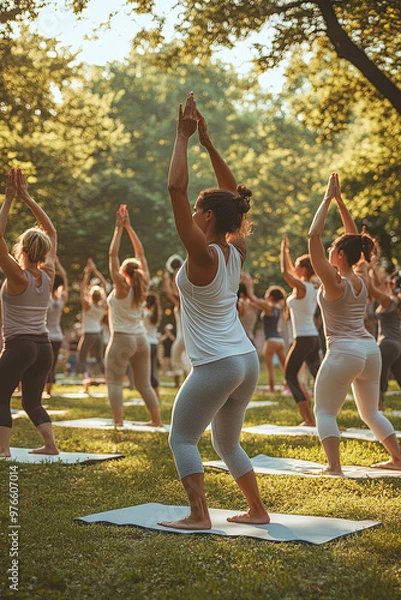 Obraz Diverse group of people practicing yoga in a park
