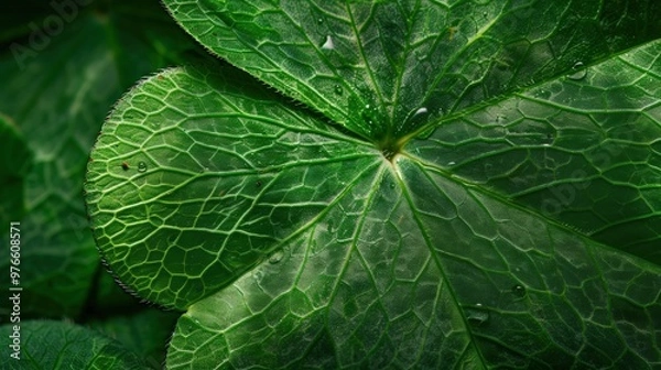 Fototapeta Close-up of a Green Leaf with Water Droplets