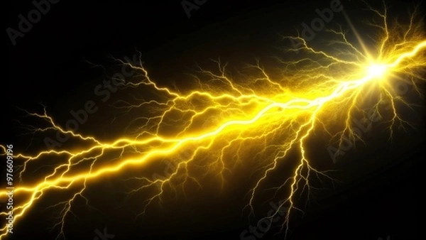 Fototapeta A blazing yellow lightning bolt illuminates a black canvas, surrounded by a halo of white electricity that courses