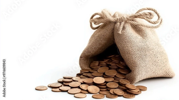 Fototapeta A rugged burlap sack overflowing with coins, representing financial abundance, savings, and the journey to prosperity.