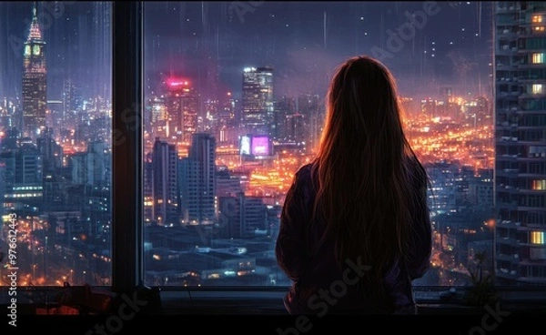 Fototapeta A contemplative woman gazes out at the vibrant city skyline, illuminated by city lights and rain, capturing a moment of serene reflection.