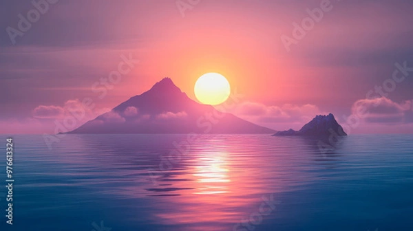 Fototapeta Glowing sun sets over a calm sea with pastel pink and blue hues, distant mountains in view