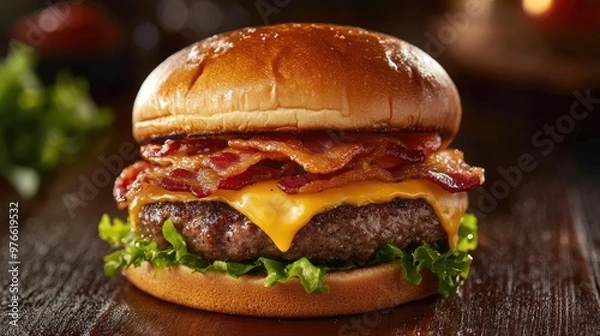 Fototapeta Burger with juicy patty, melted cheese, and crispy bacon.