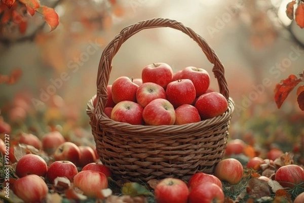 Fototapeta Wicker basket full of apples standing on the ground covered with autumn leaves