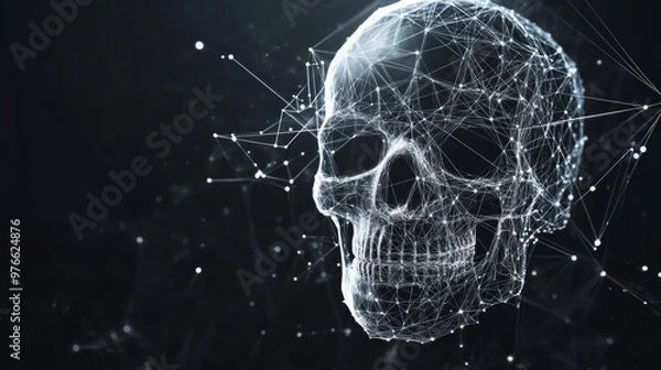 Obraz A grey skull is depicted with polygonal lines on an abstract background. The skull is designed in a low poly style, with connecting dots and lines forming a geometric, space-like structure.