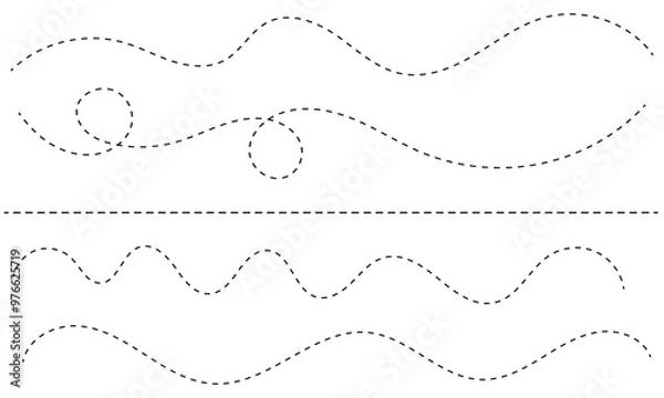 Fototapeta Path travel dotted line trip dashed trace destination track plan and silhouette, travelling symbol . Transport dot pathes lines traces tourism design  vector illustration. EPS 10