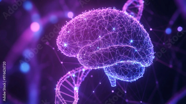 Fototapeta Low poly wireframe illustration of a brain and DNA spiral. Purple polygonal neuron connections forming a mesh structure. Features a 3D double helix molecule with interconnected dots.