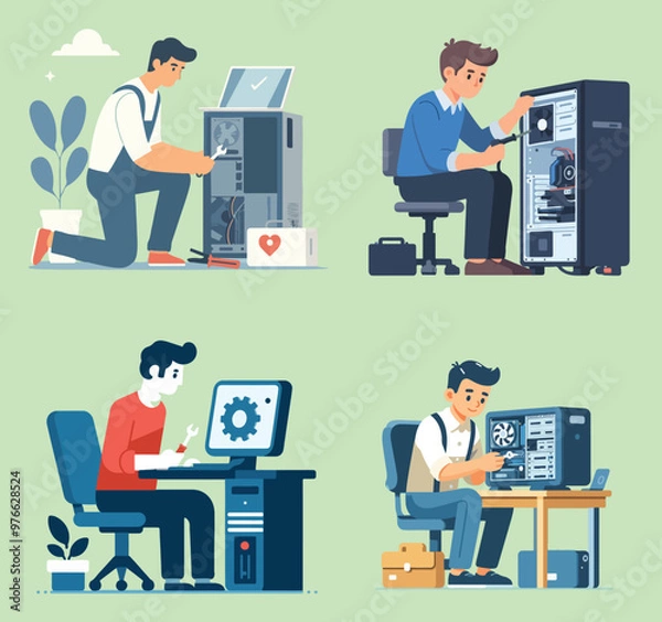 Fototapeta set person technician repair computer flat design vector