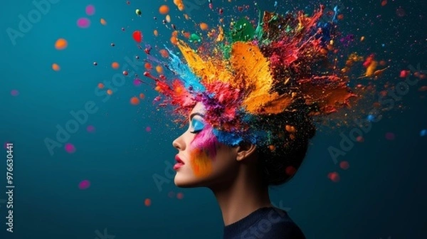 Fototapeta A woman's head explodes with vibrant color representing imagination, creativity, freedom, expression, and individuality.