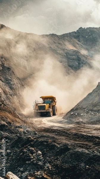 Fototapeta Mining dust and emissions cloud the skies, while heavy machinery carves through natural habitats, leading to habitat loss and environmental pollution