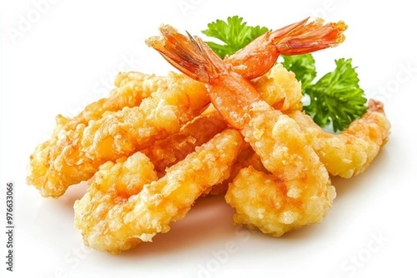 Fototapeta Crispy Shrimp Tempura is a Japanese dish featuring succulent shrimp coated in a light, airy batter and deep-fried to golden perfection. The tempura is served with a side of dipping sauce and often acc