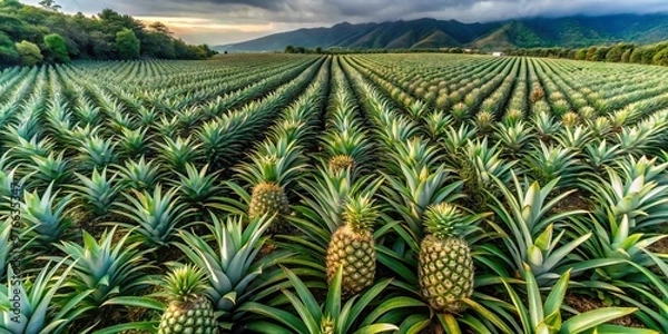 Fototapeta Pineapple plants sprout from the earth, their fronds reaching for the sun as rows of identical, vibrant green