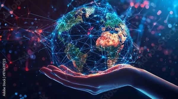 Obraz 
Metaverse Technology concepts. Woman hand holding global network connection. Good internet communication, Wireless connection technology