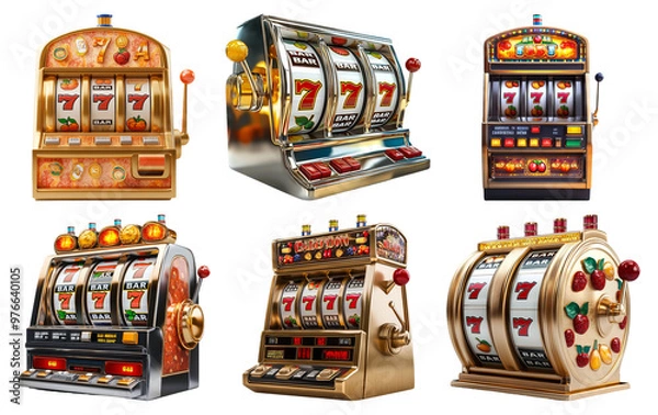 Fototapeta Vintage style slot machines with detailed designs isolated on transparent background