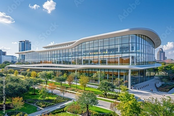 Fototapeta A large glass building with a green lawn and trees in front of it