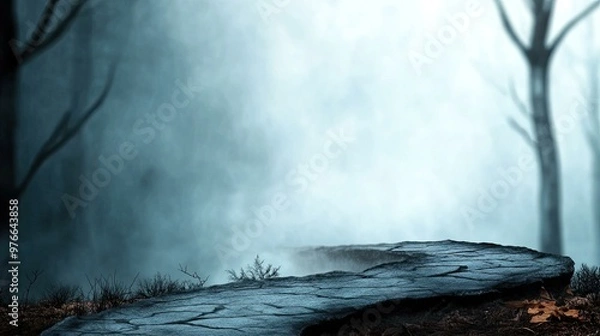 Fototapeta Misty Forest Background with Stone Platform.