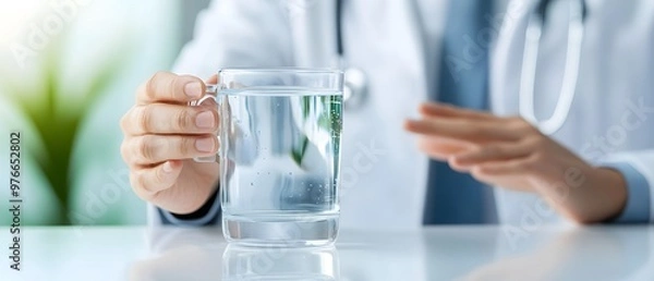 Fototapeta A healthcare professional holding a glass of water, representing hydration and wellness in a clinical setting.