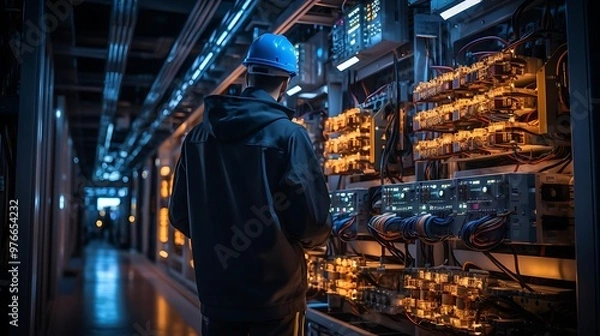 Fototapeta A technician working on electrical panels in a dimly lit environment.