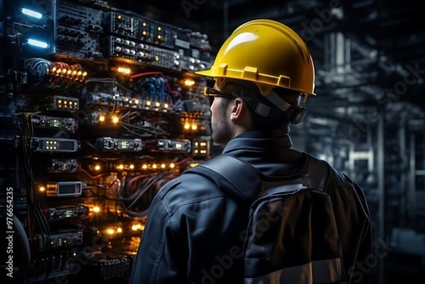 Fototapeta A technician examines illuminated server equipment in a dark environment.