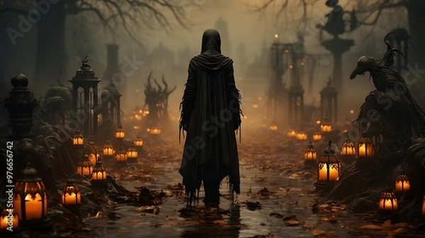 Fototapeta A mysterious figure stands in a foggy graveyard, surrounded by lanterns.