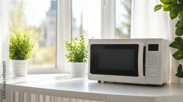 Fototapeta A white microwave sits on a white kitchen counter with two potted plants and a window behind it. Sunlight streams in through the window, casting a warm glow on the countertop