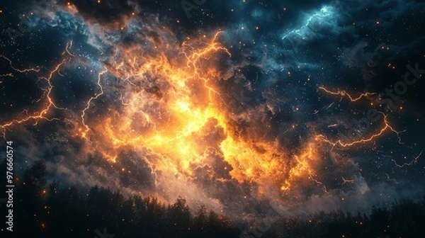 Fototapeta Nature's power in a storm, lightning flashing with intense energy and brightness