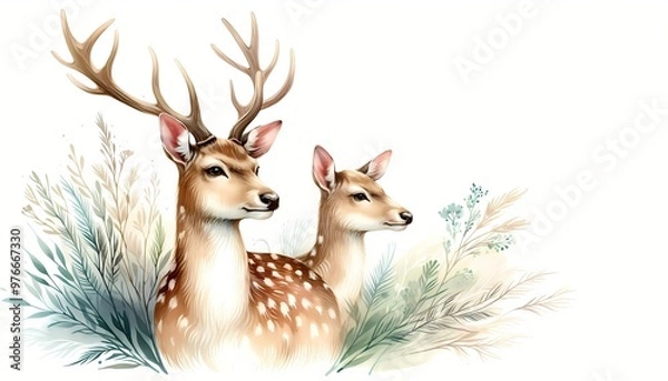 Fototapeta Illustration of a Male and Female Deer with Antlers in a Natural Setting with Grass and Leaves