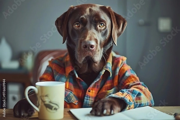 Fototapeta A dog in a flannel shirt sitting at a table with a mug and notebook.