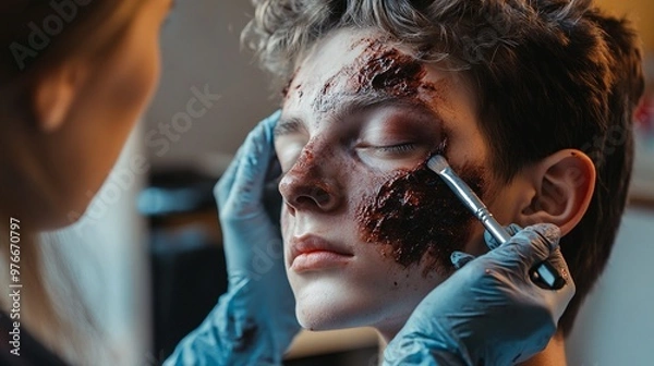 Fototapeta Close-up of a young man undergoing special effects zombie makeup application, prepare for Halloween event, horror movie etc.