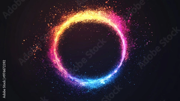 Fototapeta Circle frame made of particles with a shockwave explosion effect on a dark background. Features a digital explosion and radial sound wave for music visualization. Colorful equalizer background.