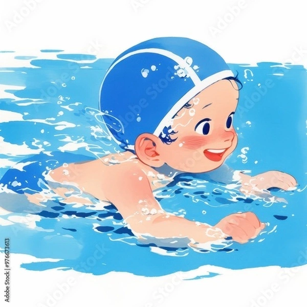 Fototapeta Illustration of a baby boy learning to swim in a blue cap, smiling in the water, representing excitement and early development.