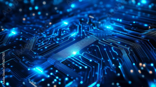 Obraz Concept of quantum computer technologies with a futuristic blue circuit board background.Features modern technology circuit board texture and wave flow elements, depicting quantum explosion technology