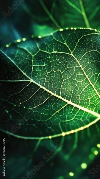 Fototapeta Close-up view of a vibrant green leaf showcasing intricate vein patterns, perfect for nature and botanical themes.