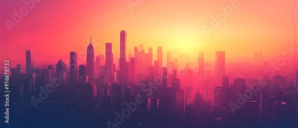 Fototapeta Abstract vector background with bold city skyline silhouettes, vibrant color gradients blending into the sky, sleek and stylish urban design