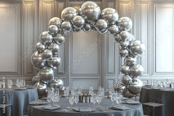 Fototapeta Grand banquet hall with 3D silver balloon arch and slate table settings.