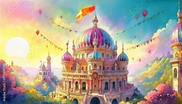 Obraz ファンタジー建築、メルヘンの城、夢の風景、異世界の宮殿、カラフルな風景、空想の建物、気球、魔法の国、日の出、冒険の舞台