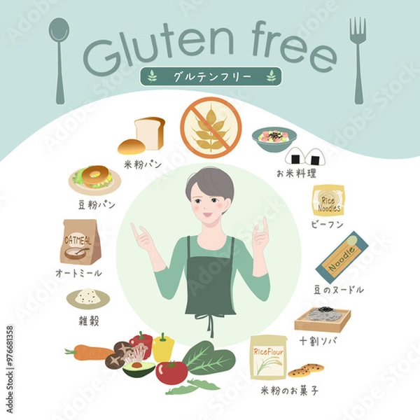 Fototapeta 米粉や豆粉食品など、グルテンフリー（小麦粉禁止）の食材のイラストセット：若い女性