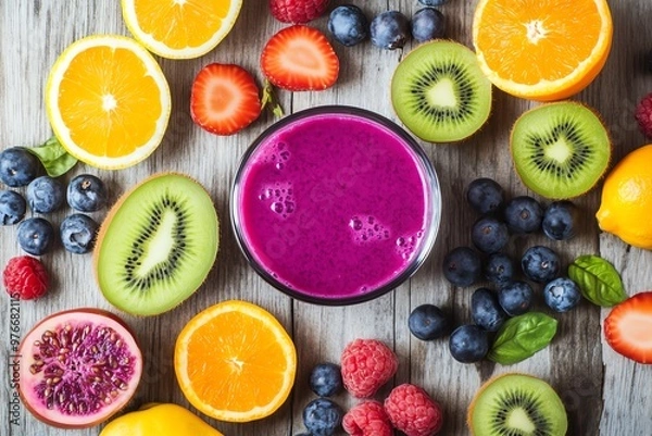 Obraz Colorful mix of fresh fruit including strawberries, oranges, kiwis, and blueberries with a vibrant smoothie on a rustic wooden table.