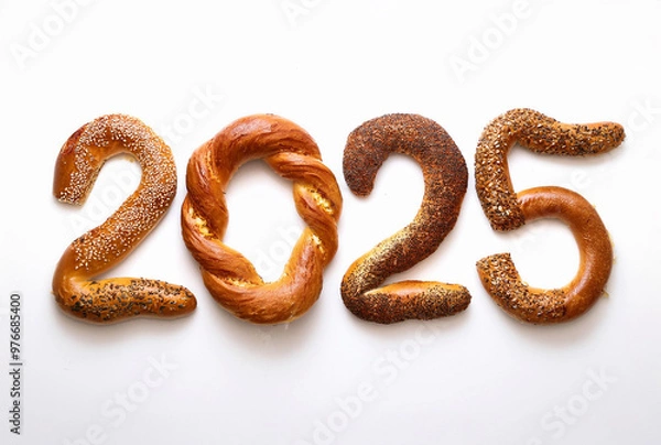 Fototapeta Turkish bagel simit isolated.  featuring Turkish bagel simit arranged to form the numbers "2025" on a white background