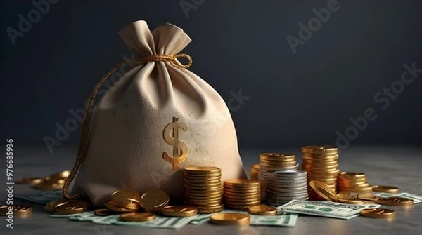 Fototapeta 3D Money concept. money bag, coins stack and banknotes. 3d render illustration. generative.ai