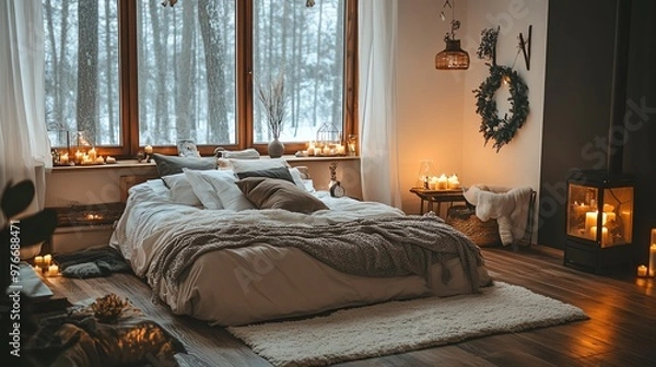 Fototapeta Cozy bedroom with rustic decor, large windows, and a warm ambiance provided by soft lighting and candles, creating a serene winter retreat.