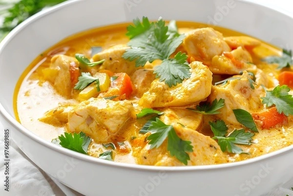 Fototapeta A bowl of food with parsley isolated on a white background