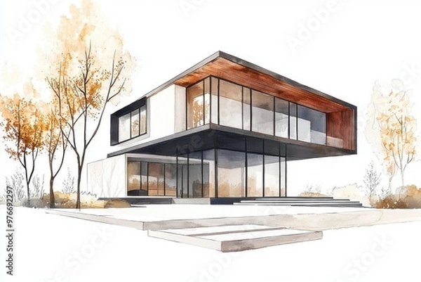 Fototapeta Modern architectural design featuring large glass windows and wooden accents surrounded by autumn foliage.